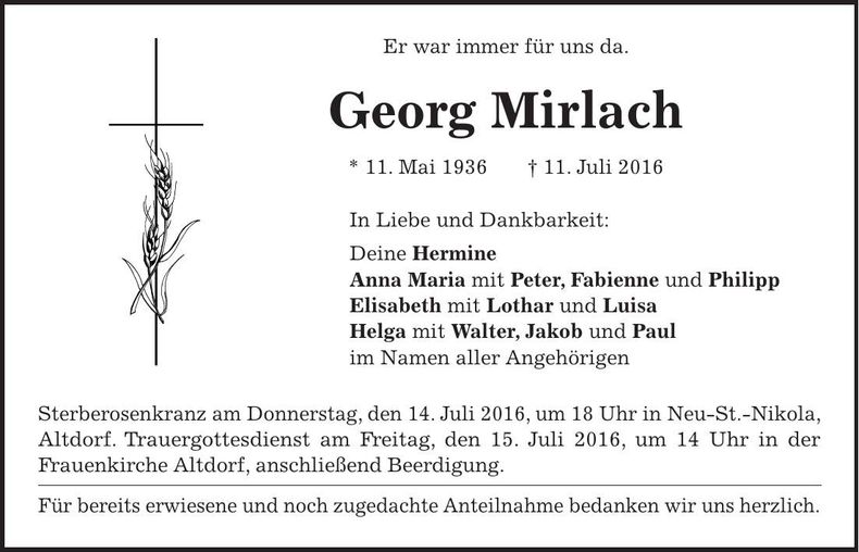 Traueranzeige Georg Mirlach