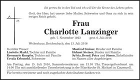 Traueranzeige Charlotte Lanzinger