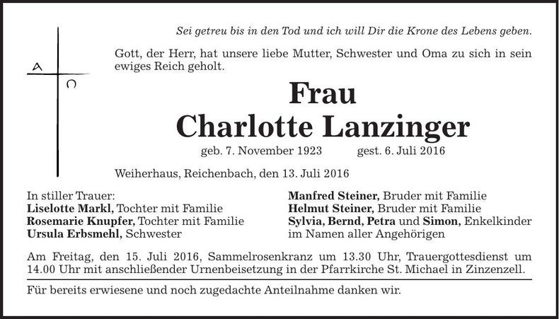 Traueranzeige Charlotte Lanzinger