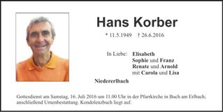 Traueranzeige Hans Korber