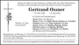 Traueranzeige Gertraud Ossner