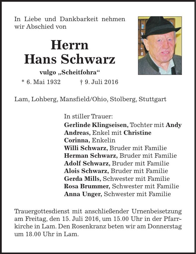 Traueranzeige Hans Schwarz