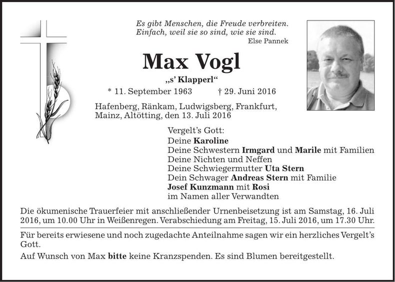 Traueranzeige Max Vogl
