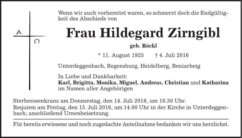 Traueranzeige Hildegard Zirngibl