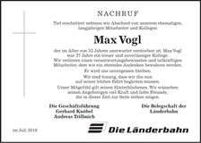 Traueranzeige Max Vogl