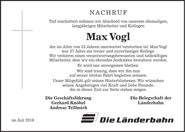 Traueranzeige Max Vogl