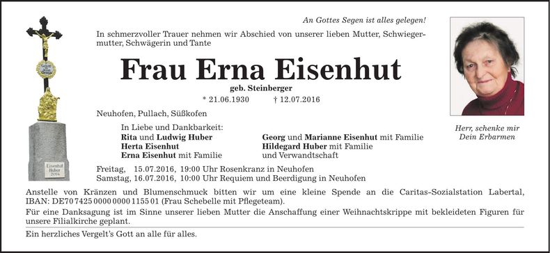 Traueranzeige Erna Eisenhut