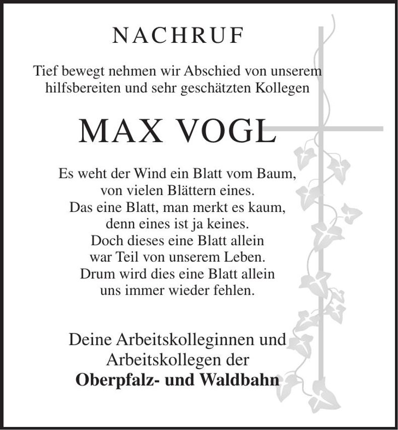 Traueranzeige Max Vogl