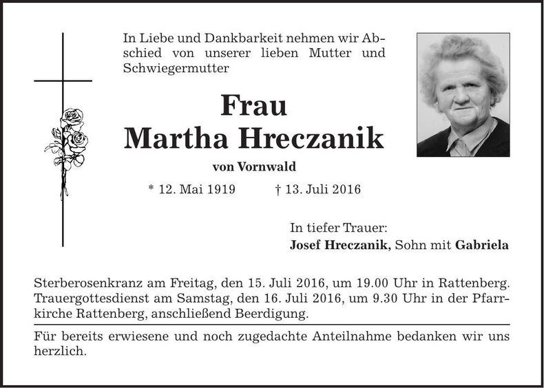 Traueranzeige Martha Hreczanik