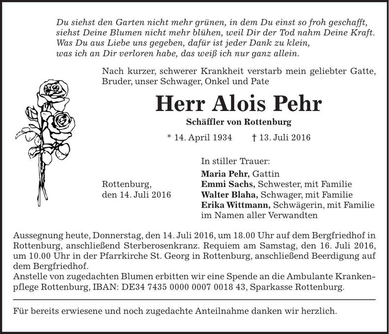 Traueranzeige Alois Pehr