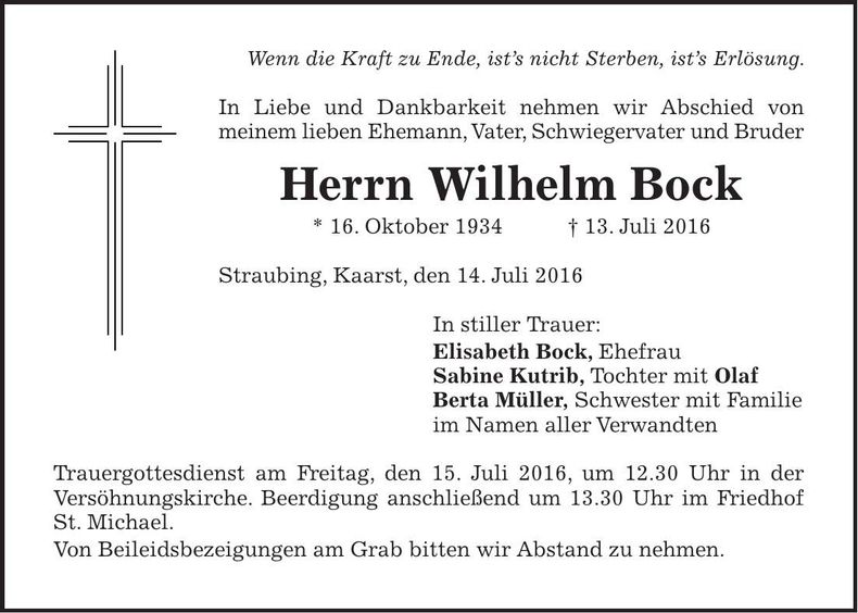Traueranzeige Wilhelm Bock