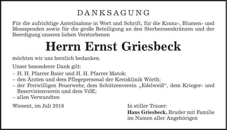 Traueranzeige Ernst Griesbeck