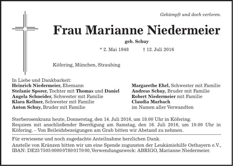 Traueranzeige Marianne Niedermeier