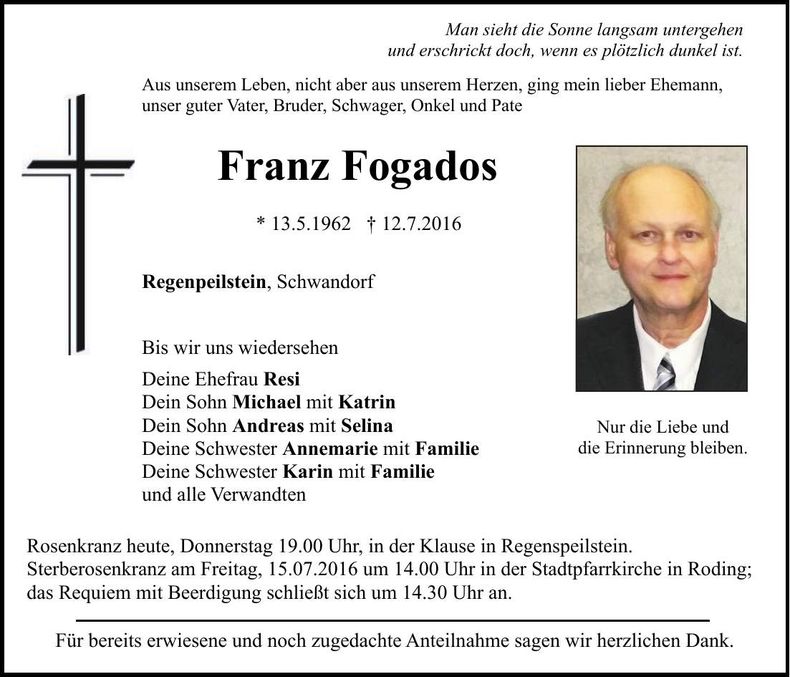 Traueranzeige Franz Kalo Fogados