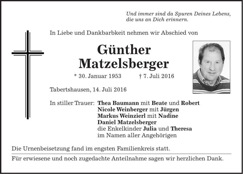 Traueranzeige Günther Matzelsberger