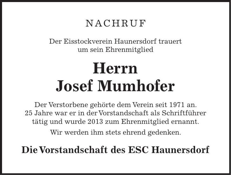 Traueranzeige Josef Mumhofer