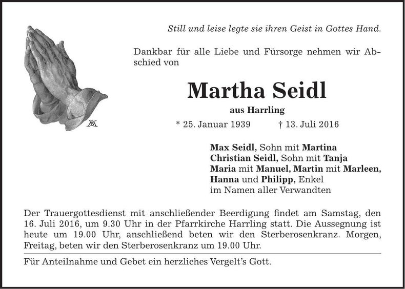 Traueranzeige Martha Seidl
