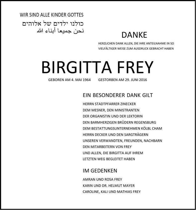 Traueranzeige Birgitta Frey