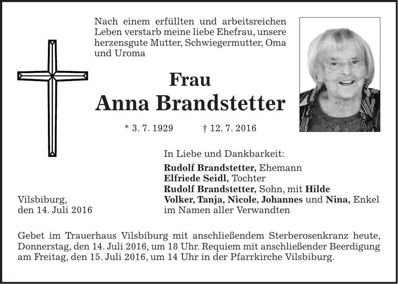 Traueranzeige Anna Brandstetter