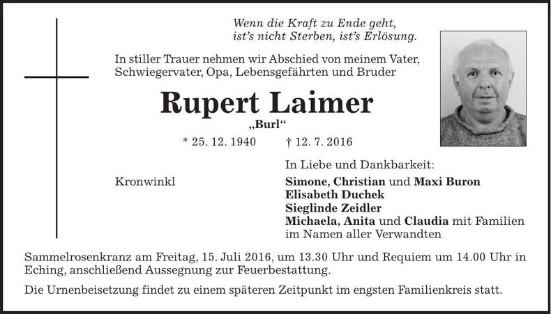 Traueranzeige Rupert Laimer