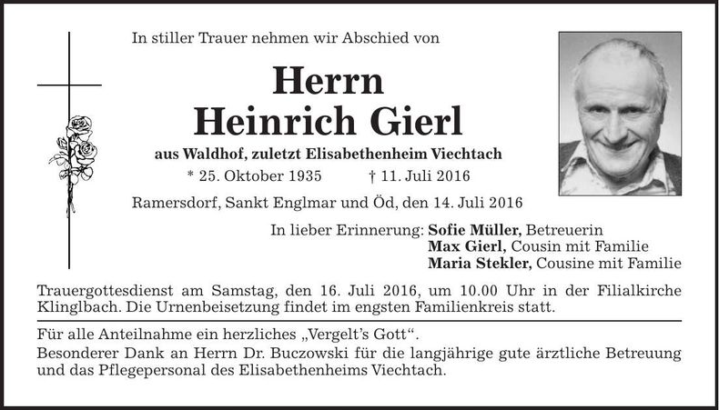 Traueranzeige Heinrich Gierl