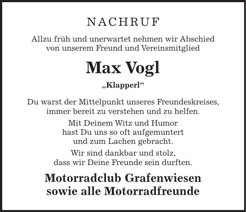 Traueranzeige Max Vogl
