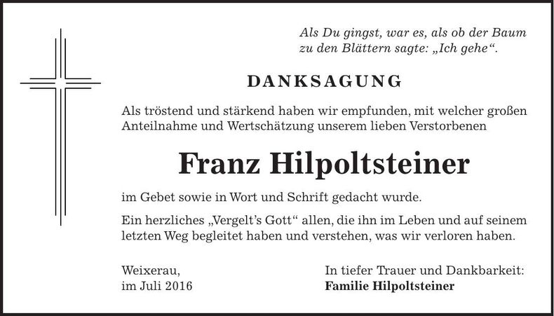 Traueranzeige Franz Hilpoltsteiner
