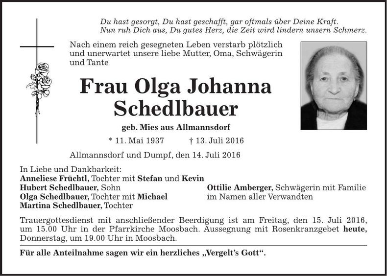 Traueranzeige Olga Johanna Schedlbauer