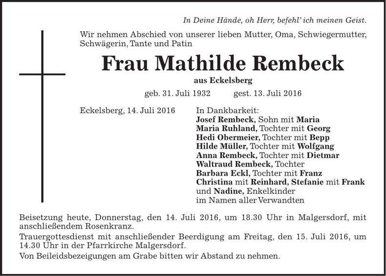 Traueranzeige Mathilde Rembeck