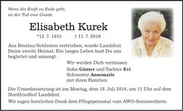 Traueranzeige Elisabeth Kurek
