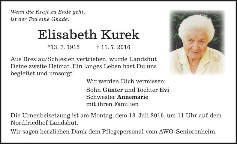 Traueranzeige Elisabeth Kurek
