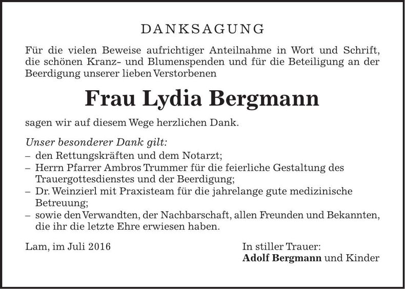Traueranzeige Lydia Bergmann