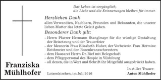 Traueranzeige Franziska Mühlhofer