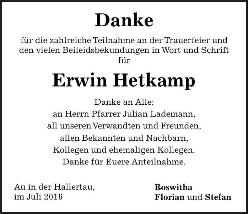 Traueranzeige Erwin Hetkamp