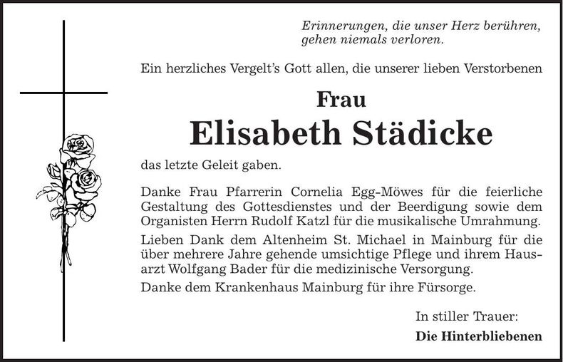 Traueranzeige Elisabeth Stadicke