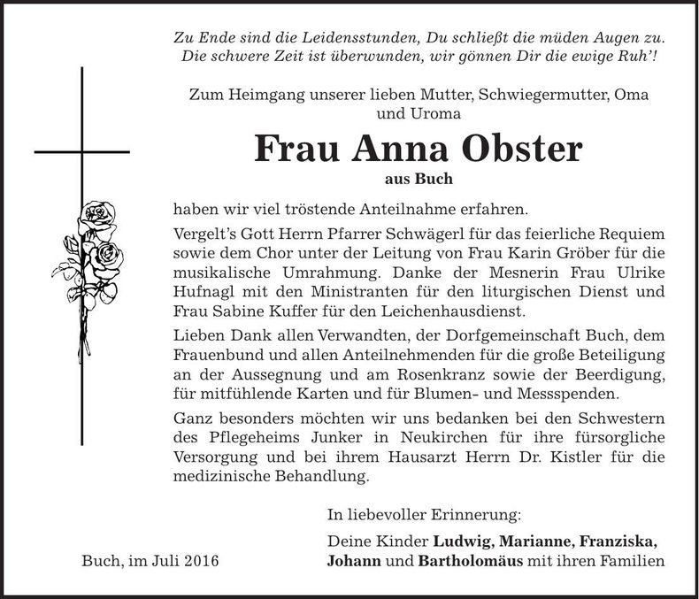 Traueranzeige Anna Obster