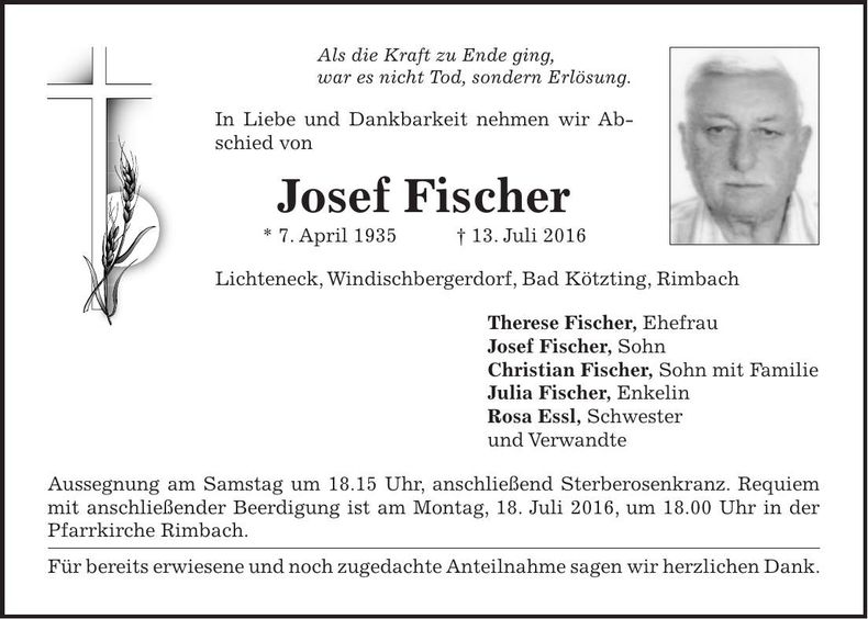 Traueranzeige Josef Fischer