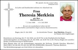 Traueranzeige Theresia Merklein
