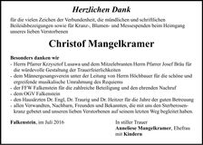 Traueranzeige Christof Mangelkramer