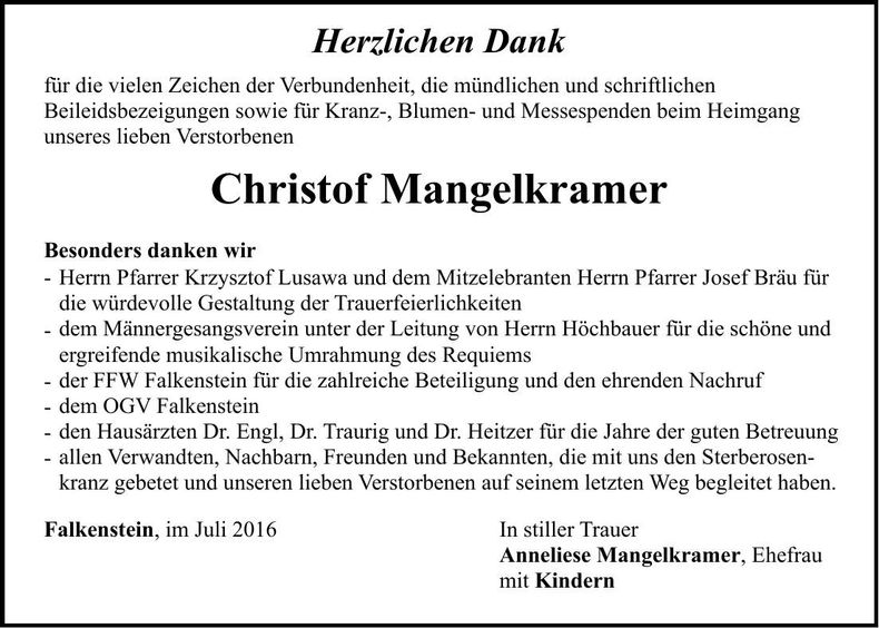 Traueranzeige Christof Mangelkramer