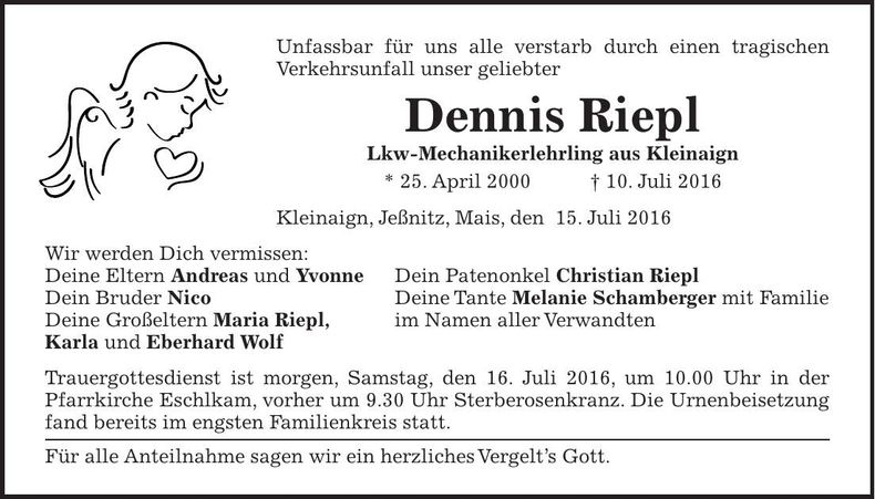 Traueranzeige Dennis Riepl