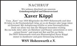 Traueranzeige Xaver Köppl
