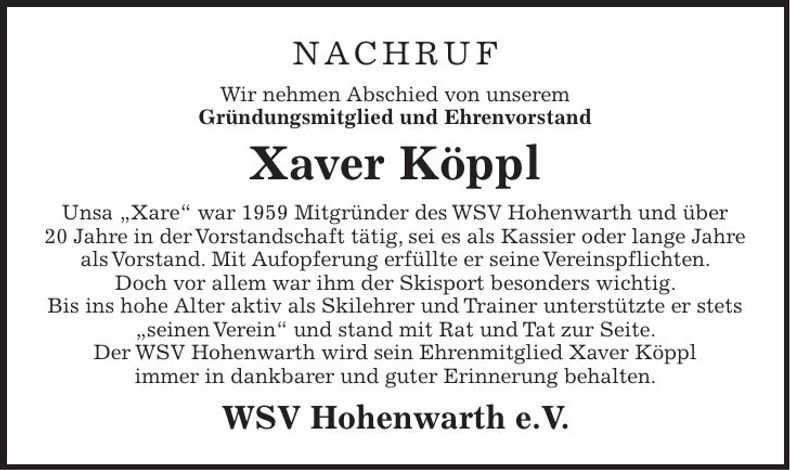 Traueranzeige Xaver Köppl