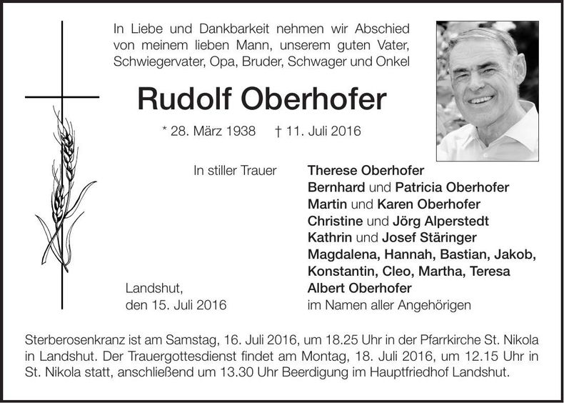 Traueranzeige Rudolf Oberhofer