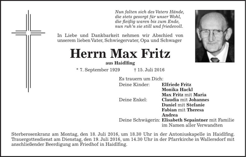 Traueranzeige Max Fritz