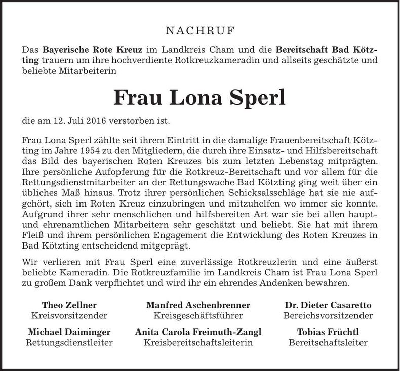 Traueranzeige Lona Sperl