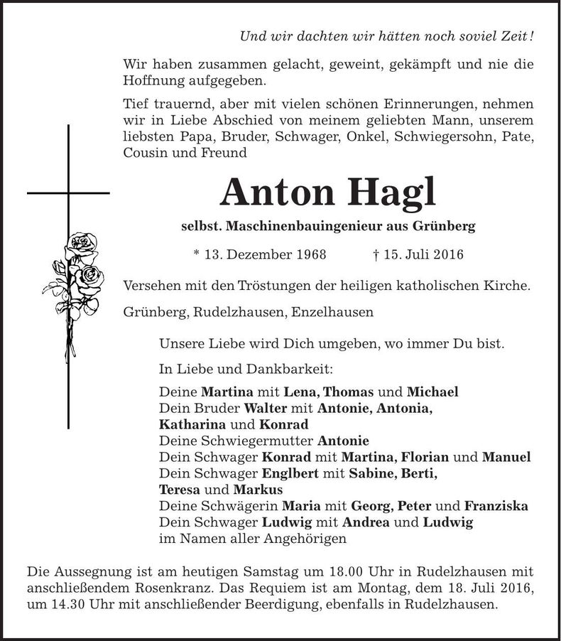 Traueranzeige Anton Hagl