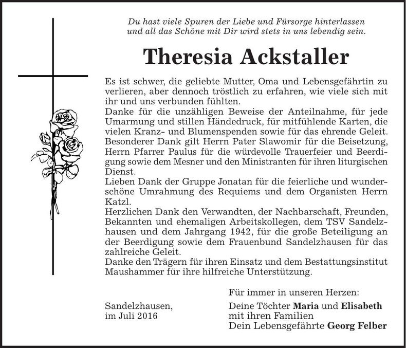 Traueranzeige Theresia Ackstaller