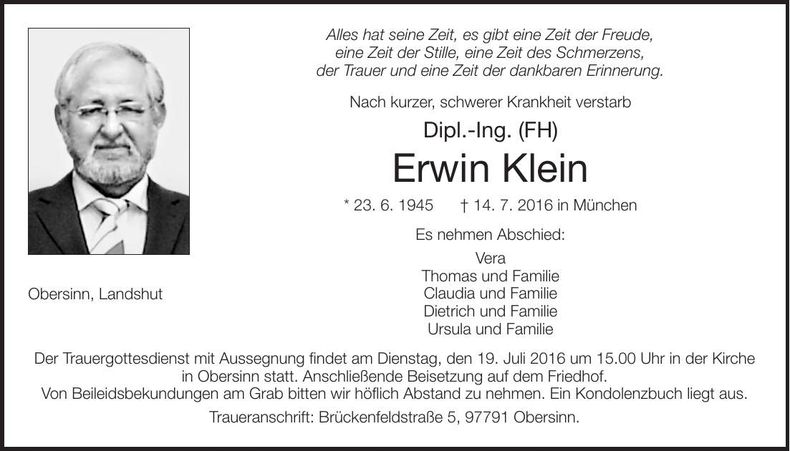 Traueranzeige Erwin Klein