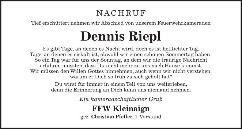 Traueranzeige Dennis Riepl